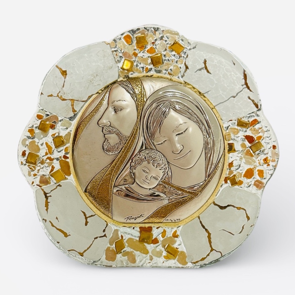 Vintage Romagnoli Italian Silver & Murano Glass Holy Family Plaque - Signed